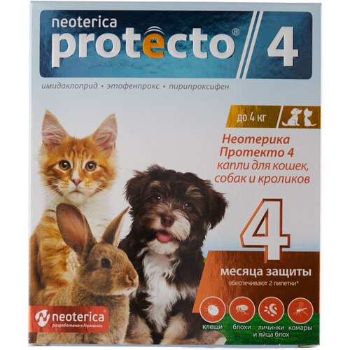 фотография Neoterica раствор от блох и клещей Protecto 4 для кошек и собак 2 шт. в уп., 1 уп., купить онлайн 477 рубл