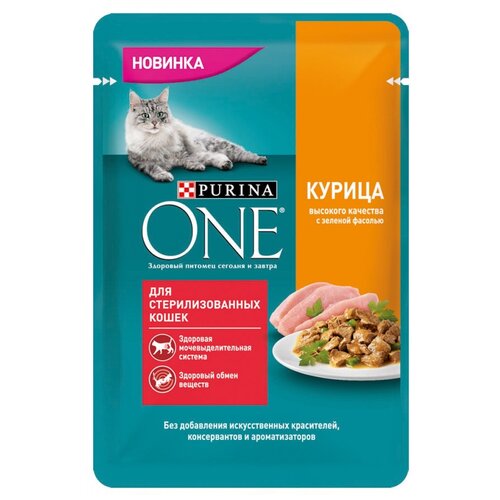 фотография Влажный корм для стерилизованных кошек Purina ONE с курицей, с зелёной фасолью 75 г (кусочки в бульоне), купить онлайн 236 рубл