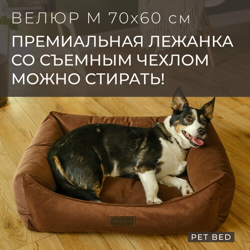 Лежанка для собак средних пород со съемным чехлом PET BED Велюр, размер M 70х60 см, коричневая фотография