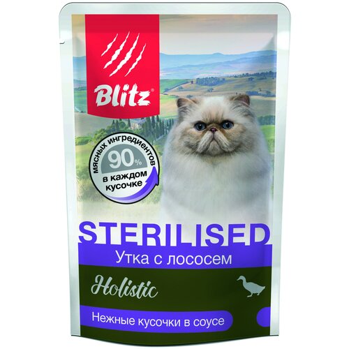 Влажный корм для кошек Blitz Holistic Sterilised, утка с лососем кусочки в соусе (85 г х 24 шт) фотография