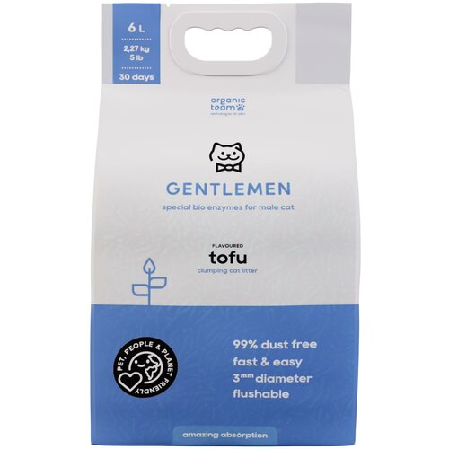 фотография Наполнитель Organic Team Tofu Gentlemen для кошачьего туалета из тофу, комкующийся, растительный, адаптирован для мальчиков, смываемый, 6 л., купить онлайн 540 рубл