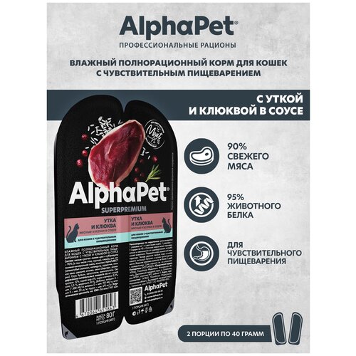 фотография Влажный корм для кошек с чувств. пищеварением AlphaPet Superpremium Утка и клюква мясные кусочки в соусе 80г (Упаковка 15 блистеров), купить онлайн 950 рубл