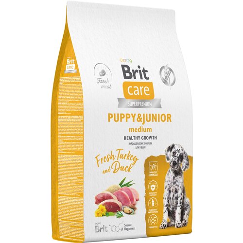 Сухой корм для щенков средних пород Brit Care Dog Puppy&Junior M Healthy Growth, с индейкой и уткой 12 кг фотография