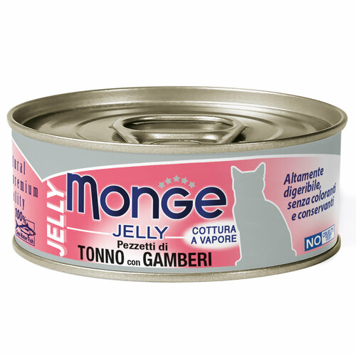 Влажный корм Monge jelly Adult cat для взрослых кошек с желтоперым тунцом и креветками, консервы 80 г фотография