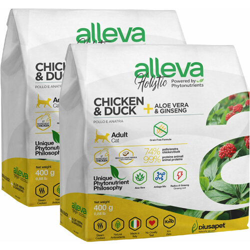 ALLEVA HOLISTIC ADULT CAT CHICKEN & DUCK беззерновой для взрослых кошек с курицей, уткой, алоэ вера и женьшенем (0,4 + 0,4 кг) фотография