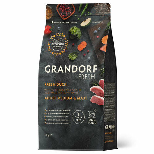 Grandorf Fresh Dog Adult MED & MAXI Duck & Sweet Potato: Утка, Индейка и Батат для собак средних и крупных пород 1 кг (GDF Dog MM Duck 1) фотография