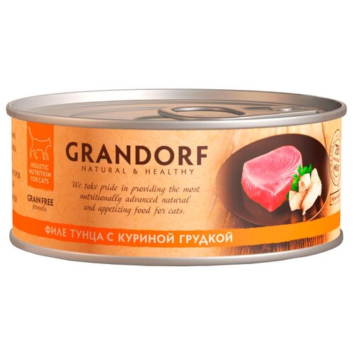 фотография Влажный корм для кошек Grandorf беззерновой, с курицей, с тунцом 70 г (мини-филе), купить онлайн 200 рубл