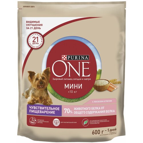 Сухой корм Purina ONE Мини Чувствительная для взрослых собак мелких пород с чувствительным пищеварением, с лососем и рисом 600 г х 4 шт фотография