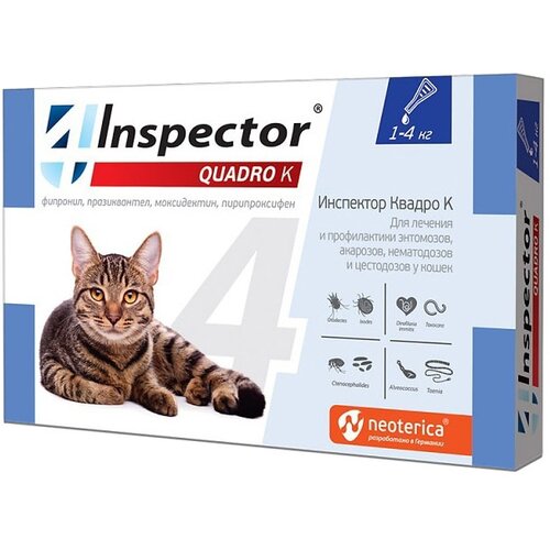 Inspector раствор от блох и клещей Quadro K от 1 до 4 кг для кошек от 1 до 4 кг 1 шт. в уп., 1 уп. фотография