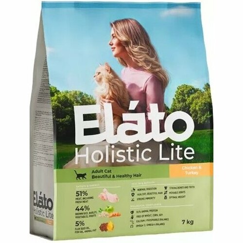 Корм сухой Elato Holistic Lite для взрослых кошек с курицей и индейкой, для красивой и здоровой шерсти, 7 кг фотография