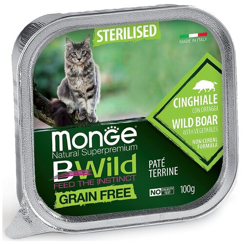 Влажный корм для стерилизованных кошек Monge BWILD Feed the Instinct, беззерновой, с кабаном, с овощами 100 г (паштет) фотография