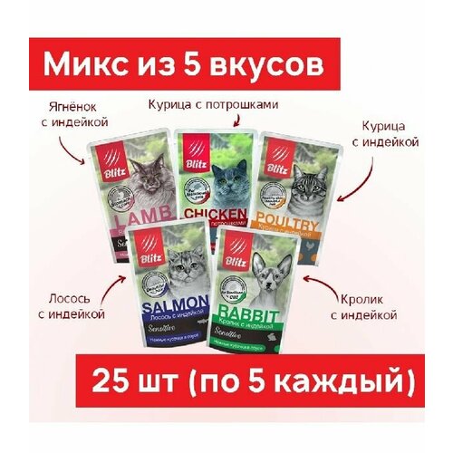 Влажный корм для взрослых кошек микс из 5 вкусов Blitz 85г паучи 25штук Ягненок, курица, индейка, лосось, кролик/Блиц Влажный корм для кошек микс фотография