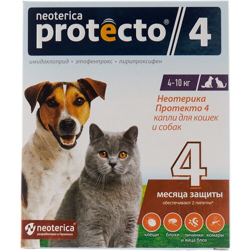 фотография Neoterica капли от блох и клещей Protecto 4 для собак, щенков, кошек, для домашних животных от 4 до 10 кг 2 шт. в уп., 1 уп., купить онлайн 475 рубл