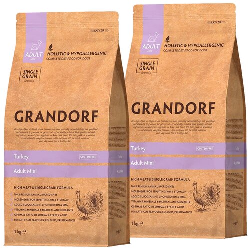 GRANDORF SINGLE GRAIN DOG ADULT MINI TURKEY низкозерновой для взрослых собак маленьких пород с индейкой (1 + 1 кг) фотография