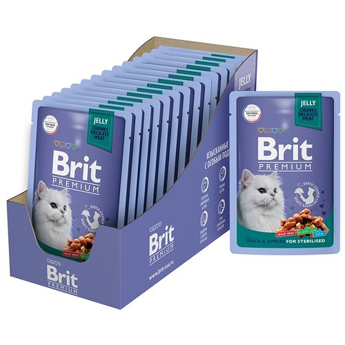 Влажный корм для стерилизованных кошек Brit Premium Утка с яблоком 14 шт. х 85 г (кусочки в желе) фотография