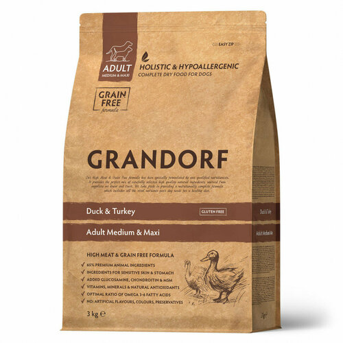 GRANDORF DOG Duck&Turkey MED&MAXI (утка с индейкой для собак средних и крупных пород) 3 кг. фотография