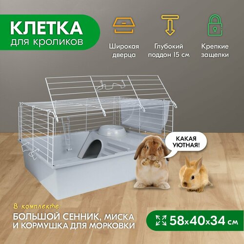 Клетка для кроликов PetTails №1 складная, шаг прута до 25мм, 58*40*h34см (+миска, 2 кормушки) светло-серый-бел фотография