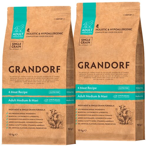 GRANDORF SINGLE GRAIN DOG ADULT MEDIUM&MAXI низкозерновой для взрослых собак средних и крупных пород 4 вида мяса ягненок, индейка, утка, кабан(10+10кг) фотография