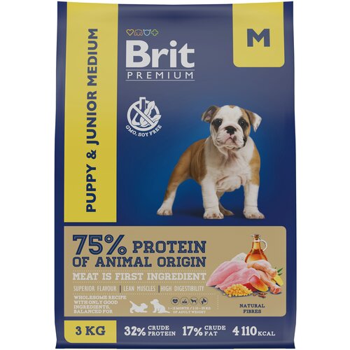 Сухой корм для щенков и молодых собак Brit Premium Puppy and Junior Medium с курицей 1 уп. х 1 шт. х 3000 г (для средних пород) фотография