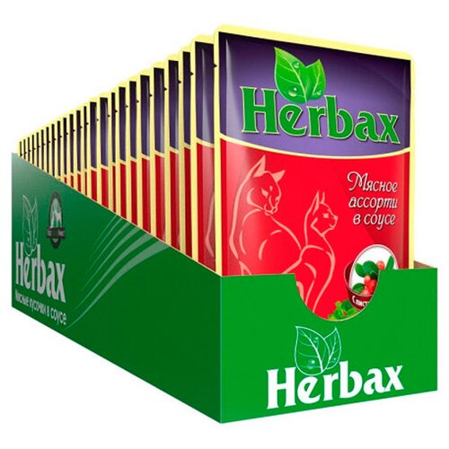 корм для кошек Herbax с мясным ассорти, с листьями брусники 24 шт. х 100 г (кусочки в соусе) фотография