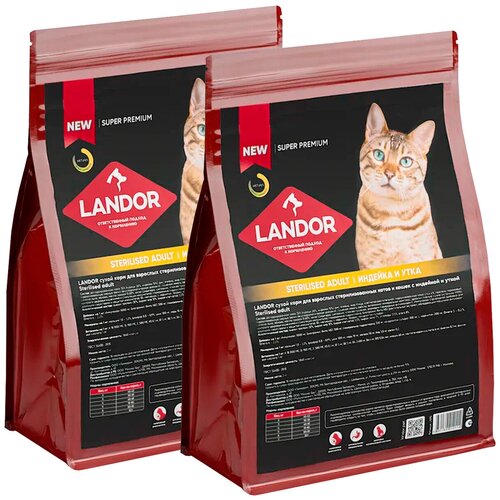 LANDOR CAT ADULT STERILIZED для взрослых кастрированных котов и стерилизованных кошек с индейкой и уткой (0,4 + 0,4 кг) фотография