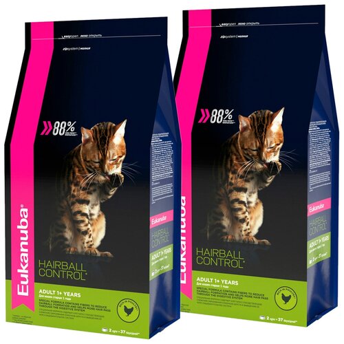 EUKANUBA ADULT HAIRBALL CONTROL/INDOOR для взрослых кошек для вывода шерсти с птицей (0,4 + 0,4 кг) фотография