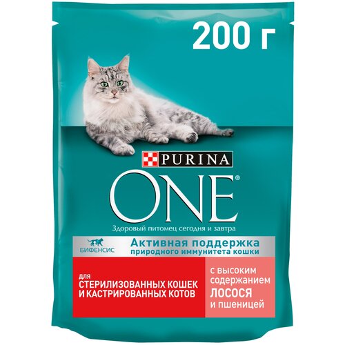 фотография Сухой корм Purina ONE® для стерилизованных кошек и кастрированных котов с лососем 200 г, купить онлайн 130 рубл