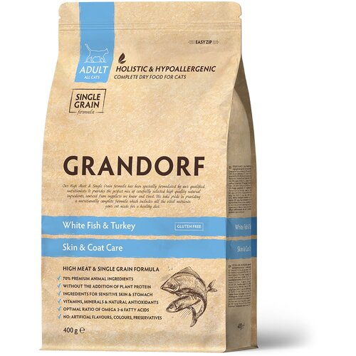 GRANDORF SINGLE GRAIN CAT ADULT SKIN & COAT CARE WHITE FISH & TURKEY низкозерновой для взрослых кошек с чувствительной кожей и шерстью с белой рыбой и индейкой (0,4 кг) фотография