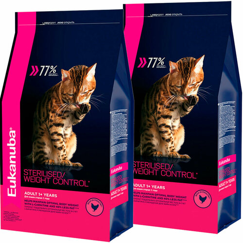 EUKANUBA CAT ADULT STERILISED/WEIGHT CONTROL диетический для взрослых кошек, кастрированных и стерилизованных кошек с птицей 2 уп.(1,5 + 1,5 кг) фотография