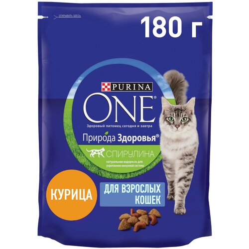 фотография Сухой корм Purina ONE Природа Здоровья для взрослых кошек с курицей, 180 г, купить онлайн 248 рубл