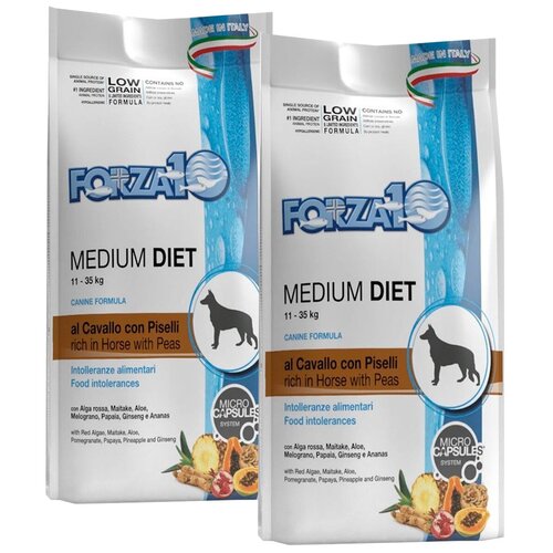 FORZA10 DOG MEDIUM MONODIET LOW GRAIN монобелковый низкозерновой для взрослых собак средних пород при аллергии с кониной и горохом (12 + 12 кг) фотография