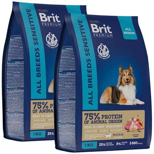 BRIT PREMIUM DOG ADULT SENSITIVE для взрослых собак всех пород с чувствительным пищеварением с ягненком и рисом (1 + 1 кг) фотография