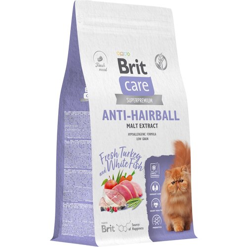 фотография Сухой корм для кошек Brit Care Cat Anti-Hairball, вывод шерсти из желудка, с белой рыбой и индейкой 1,5 кг, купить онлайн 1927 рубл