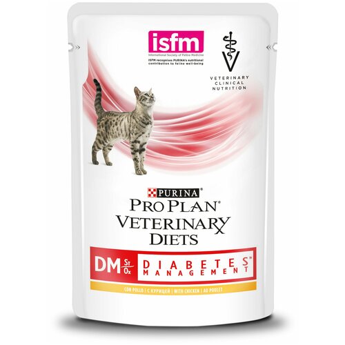 фотография Корм влажный диетический (паучи) Pro Plan Veterinary Diets Cat DM Diabetes Management для взрослых кошек при диабете, курица, 85 г х 10 шт, купить онлайн 1700 рубл