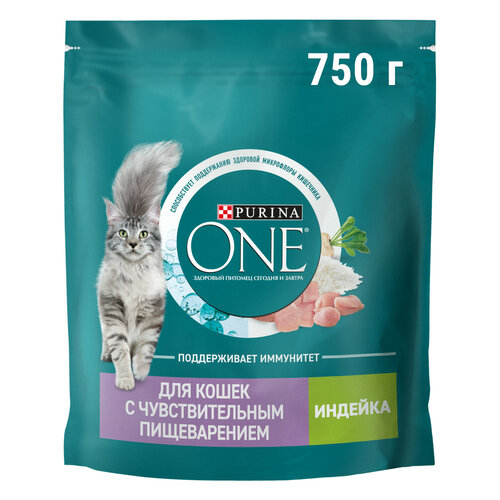 Сухой корм для кошек Purina ONE при чувствительном пищеварении с индейкой и рисом 750 г фотография