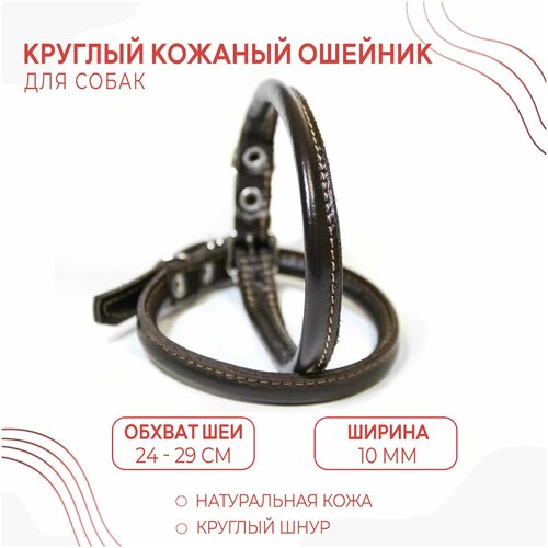 Круглый кожаный ошейник (обхват шеи 24-29 см.) для маленьких пород собак с пушистой шерстью / Коричневый фотография